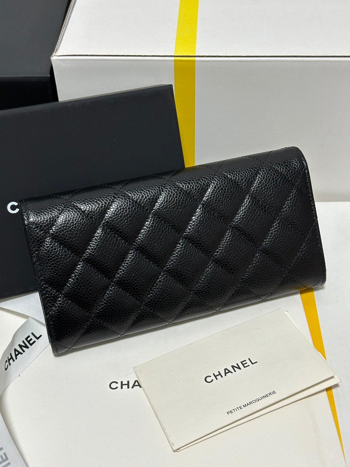 CC Classic Long Flap Wallet Black Quilted Caviar Gold Buckle 243676