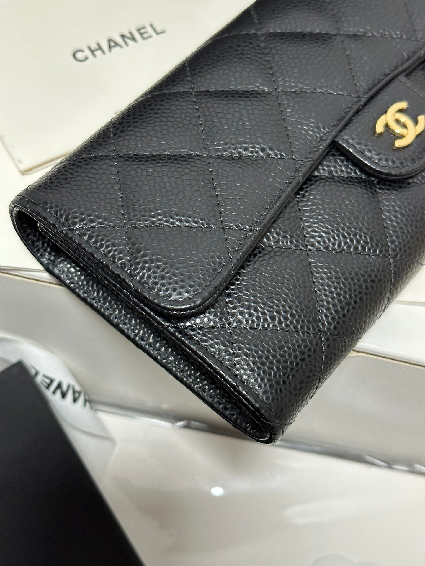 CC Classic Long Flap Wallet Black Quilted Caviar Gold Buckle 243676