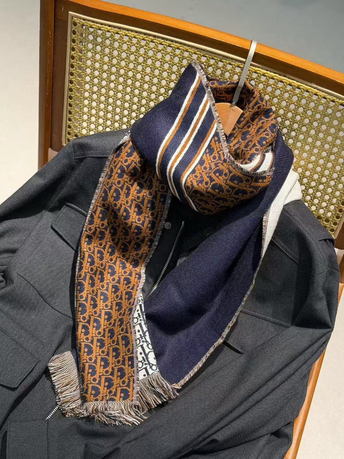 Dior 2026 Oblique Scarf 200cm Brown Mix Navy Blue Wool 199289