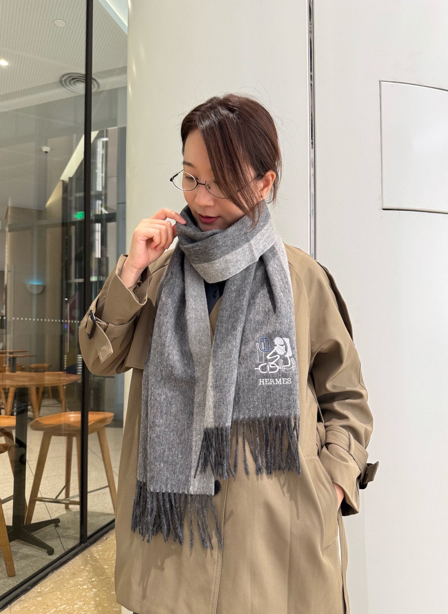 BBR Classic Embroidered Scarf 185CM Gray Cashmere 292824