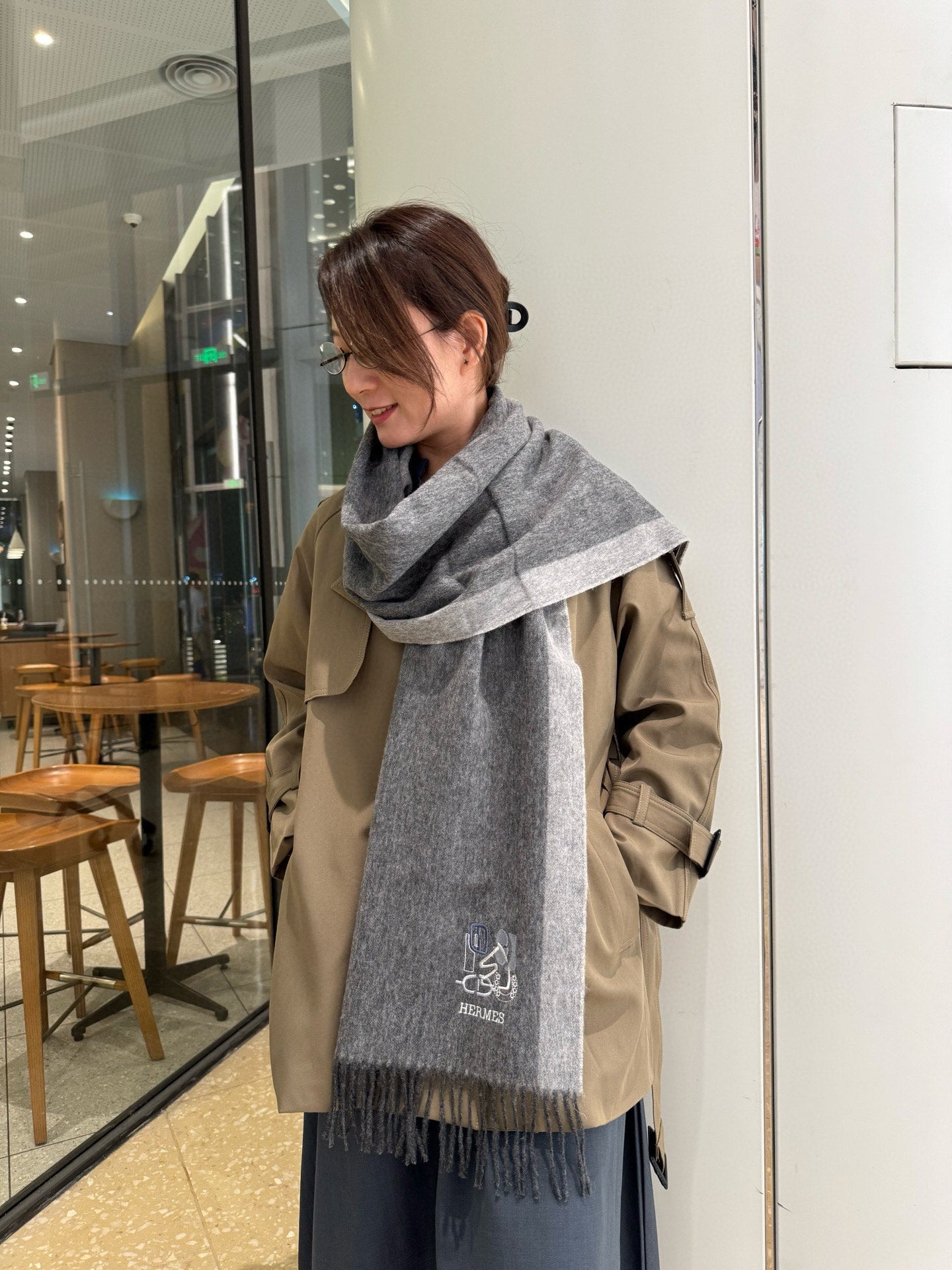 BBR Classic Embroidered Scarf 185CM Gray Cashmere 292824