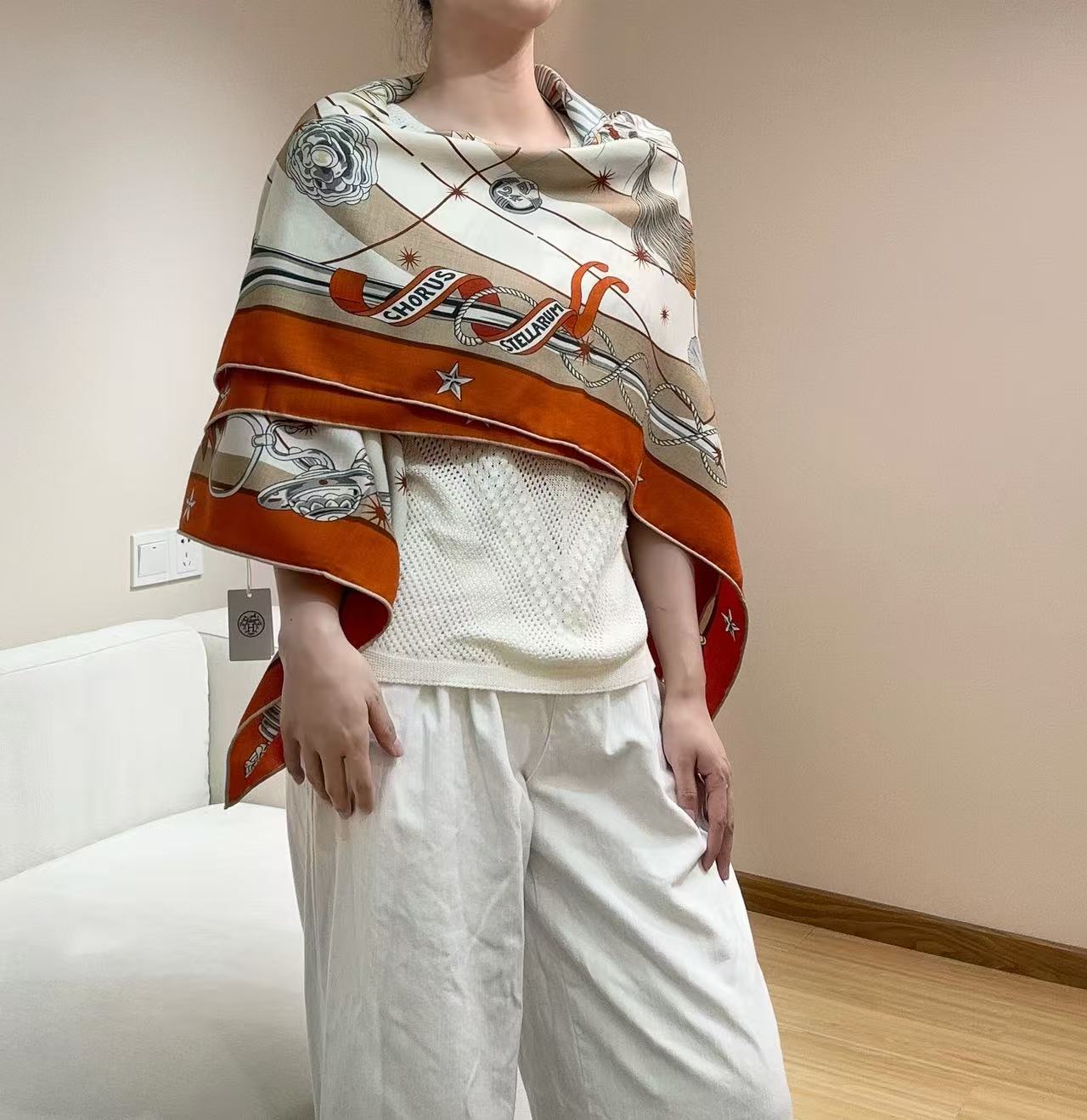 HM  Creative Origins Scarf 135CM Orange White Cashmere Silk 969436