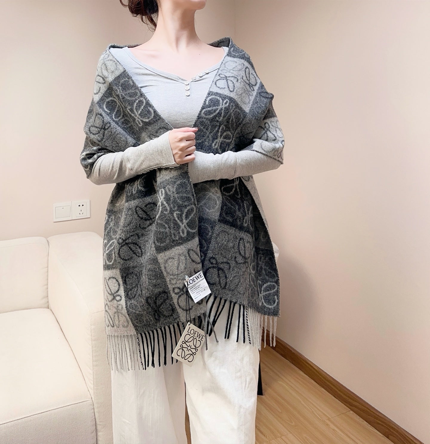 Loewe Scarf 180CM  Black Gray Wool Cashmere 968612