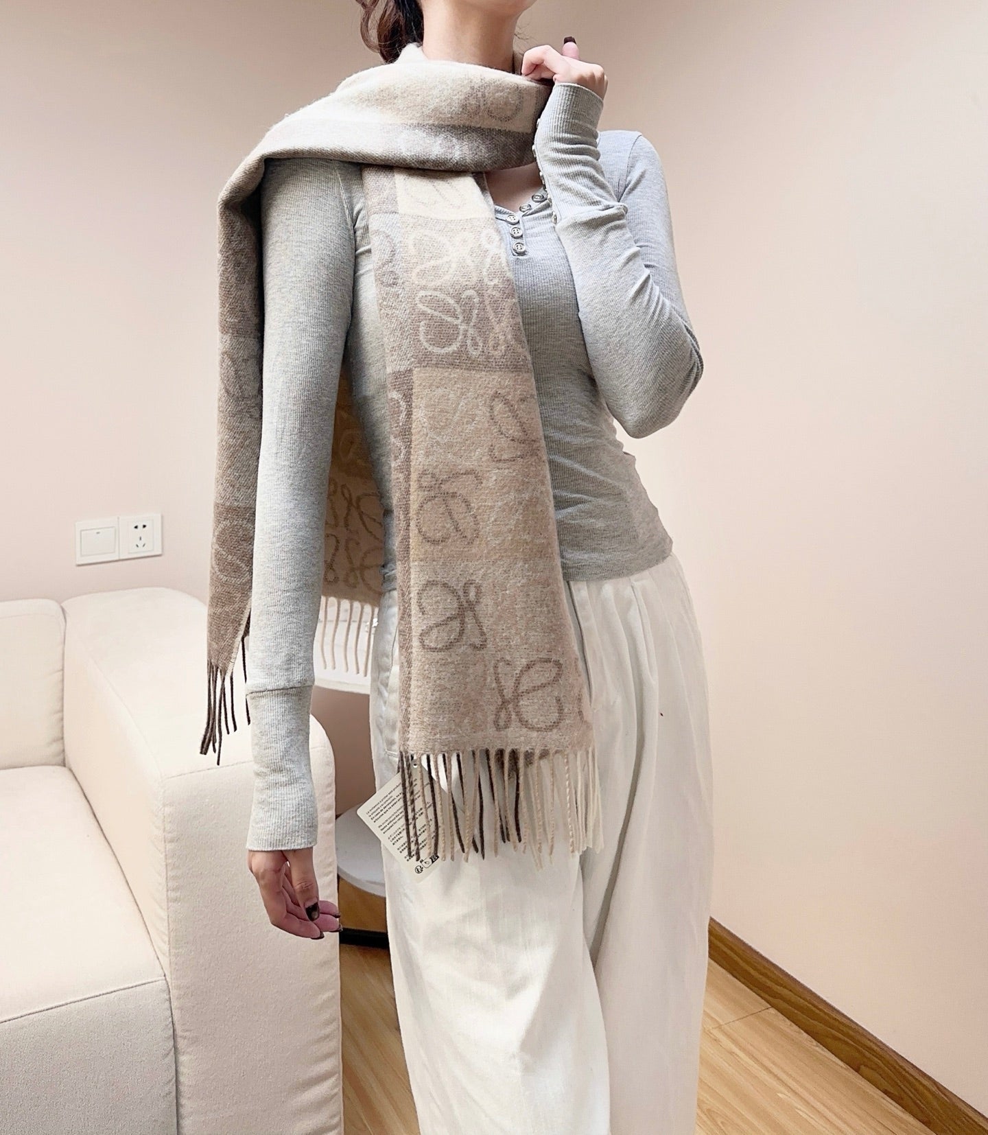 Loewe Scarf 180CM  Light Brown Gray Wool Cashmere 968611