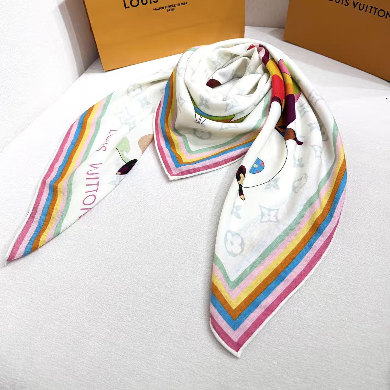 LV x TM SUPERFLAT 140cm White Multicolor Silk Wool 978742