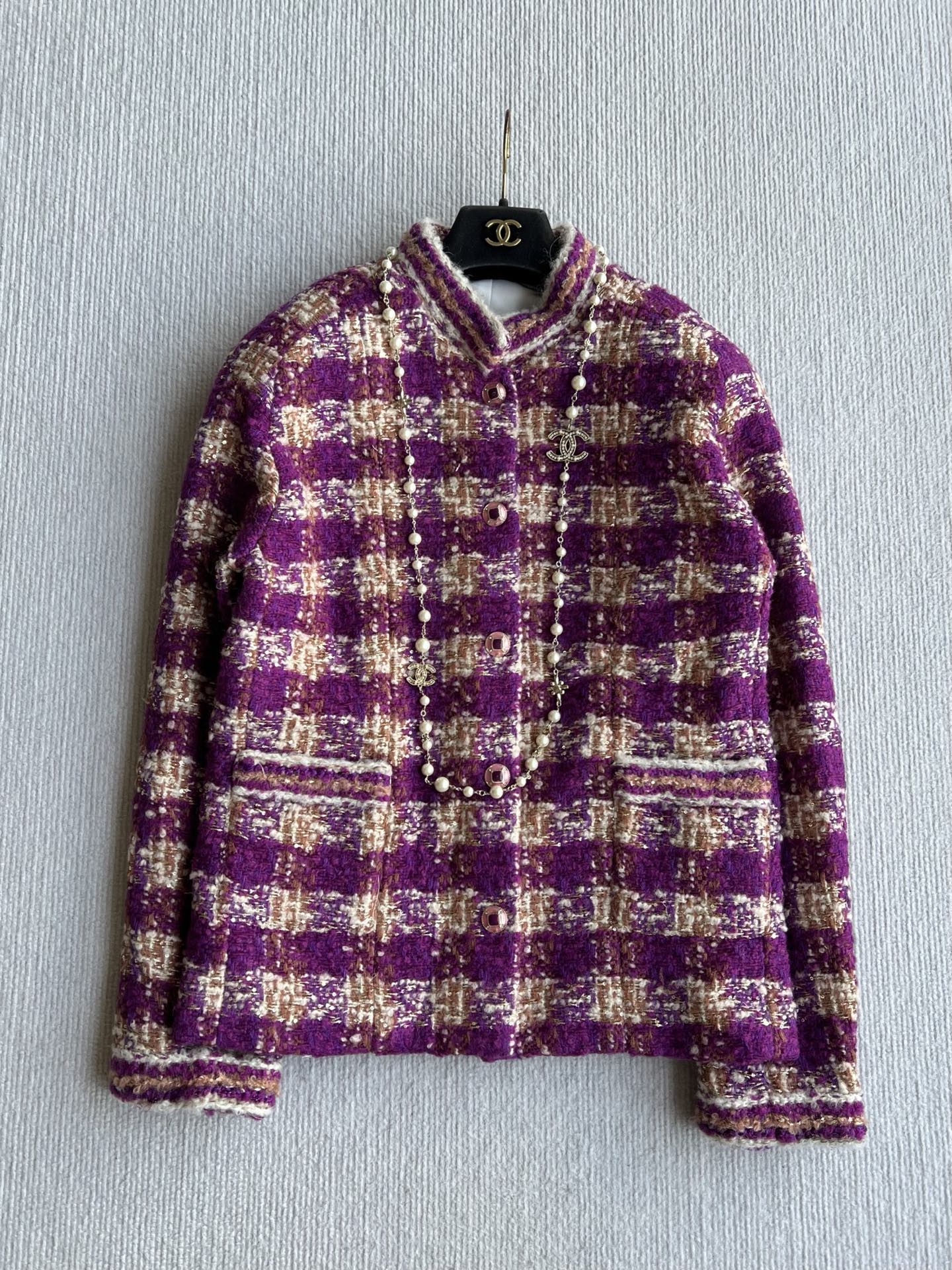 Chanel 2025 Plaid Tweed Jacket Purple Wool Polyester 325362