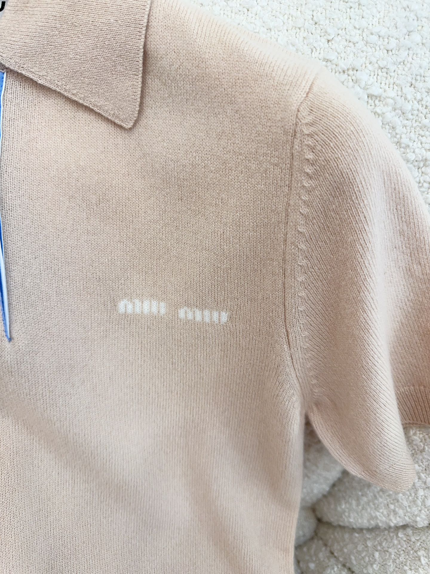 Miu Miu 25 Striped Polo Short-sleeved Sweatshirt Beige Cashmere