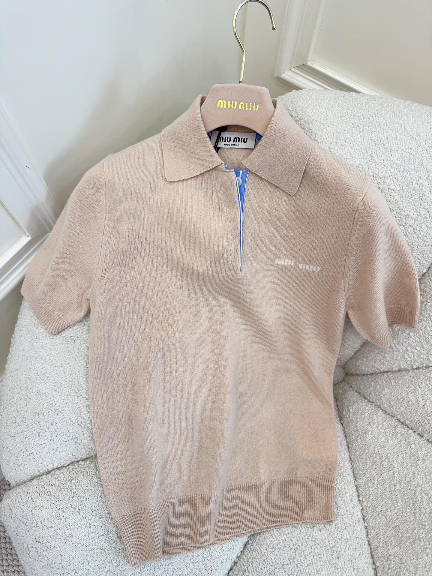 Miu Miu 25 Striped Polo Short-sleeved Sweatshirt Beige Cashmere