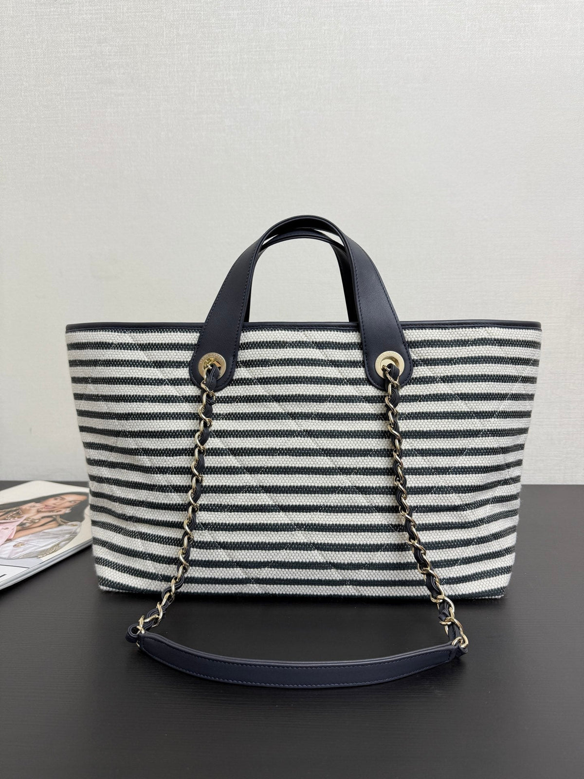 Chanel 26 Woven Beach Bag 46 White Navy Blue Canvas Leather