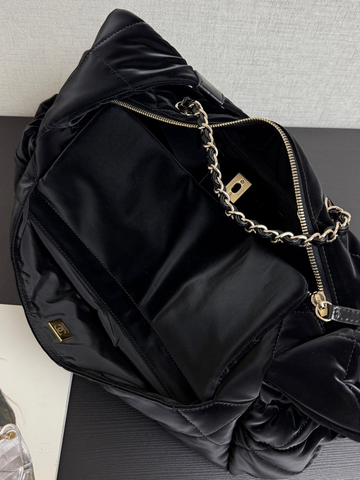 Chanel 26 Bowling Maxi Bag 32 Black Velvet Effect Nylon