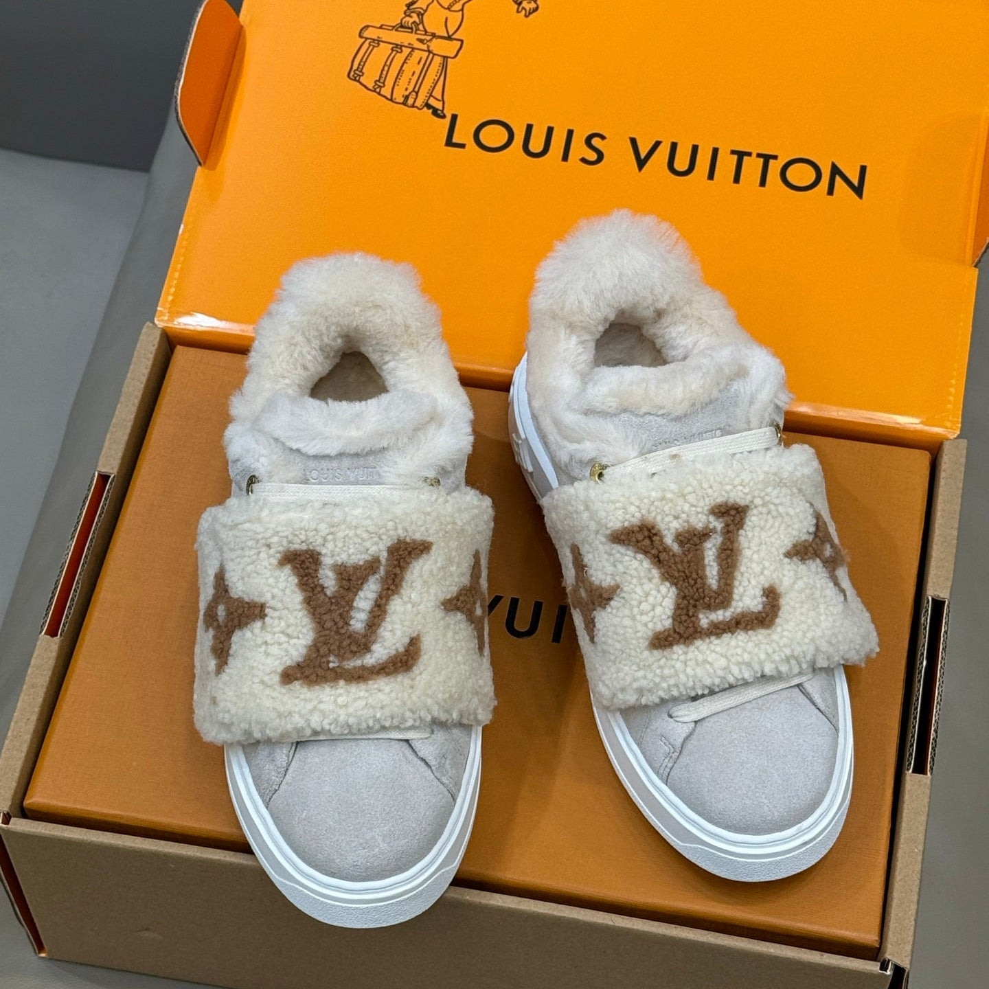 LV 25 Velcro Furry Sneakers Light Gray Beige Suede Wool 576951