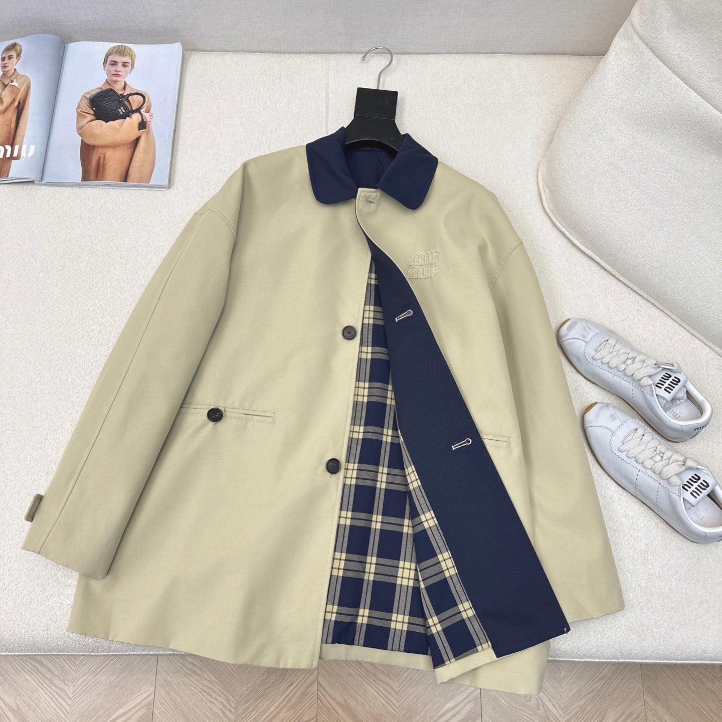 Miu Miu 25 Mid-length Trench Coat Blue Beige Cotton Polyester