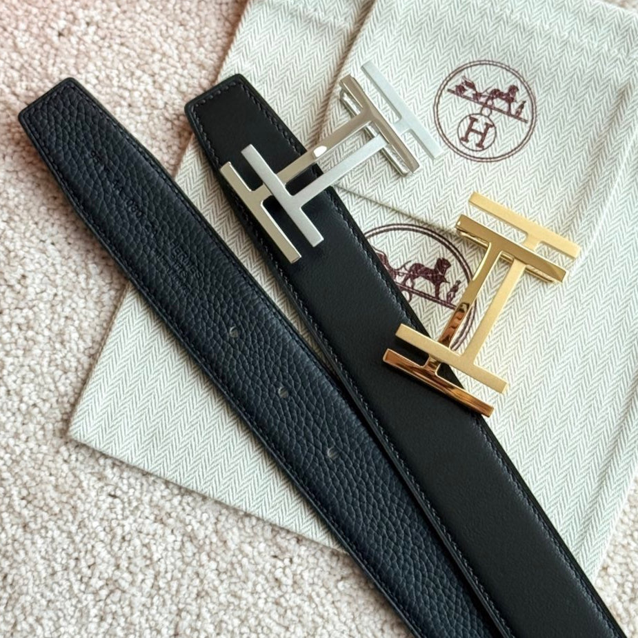 HM H au Carre Buckle Belt 32mm Black Leather 187768