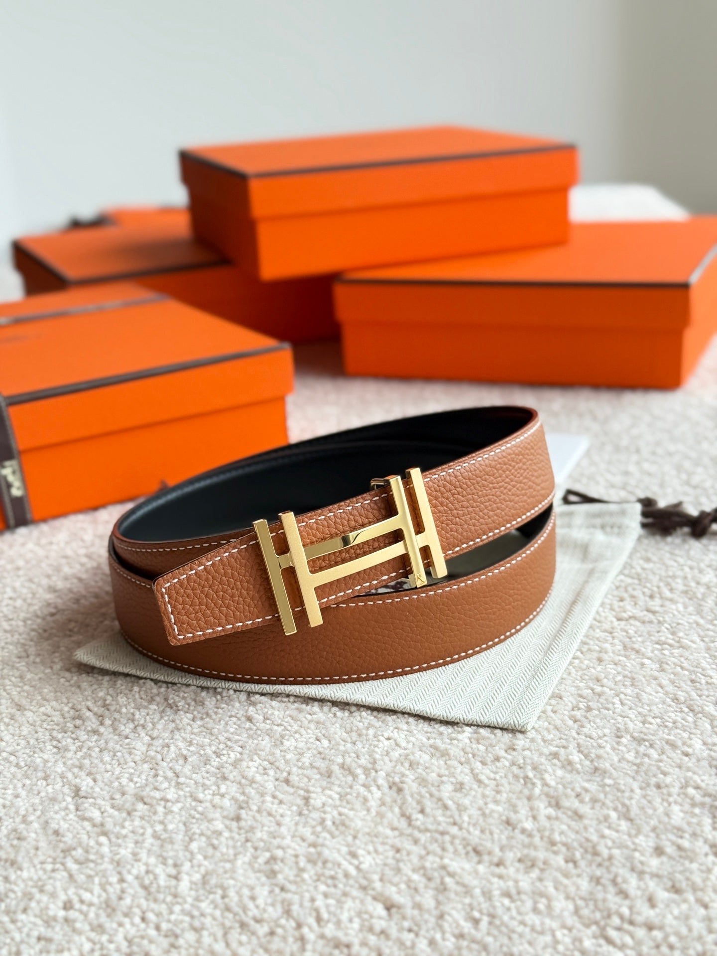 HM H au Carre Buckle Belt 32mm Black Brown Leather 187767