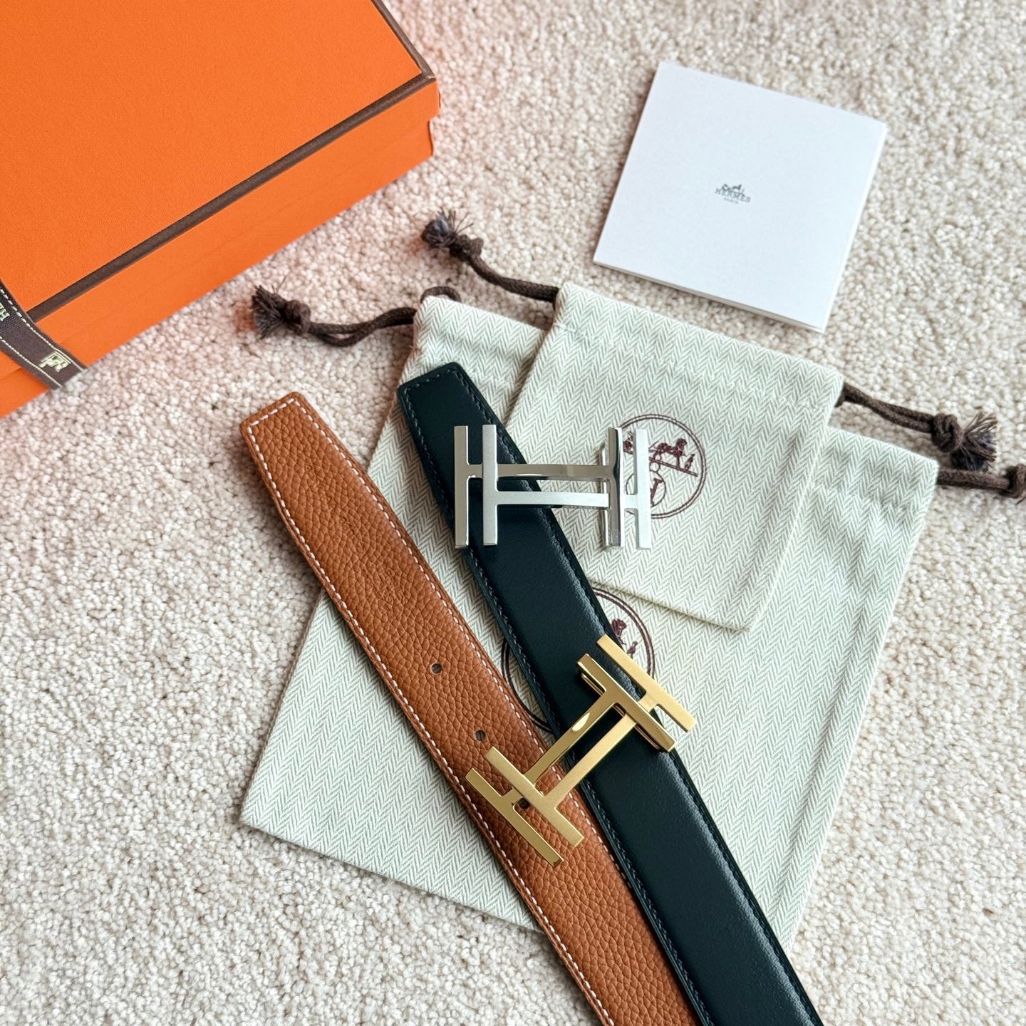 HM H au Carre Buckle Belt 32mm Black Brown Leather 187767