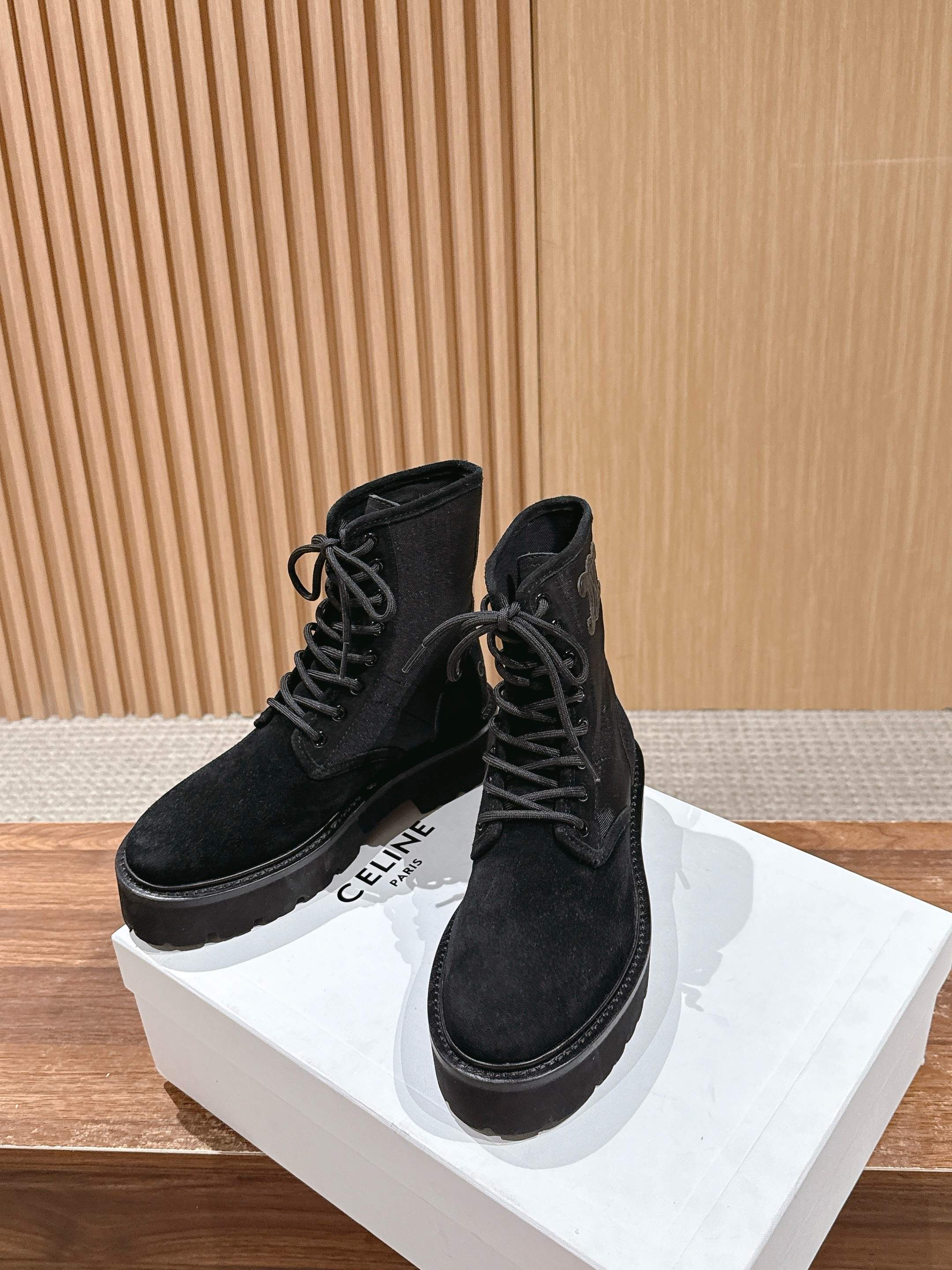 Celine 25 Bulky Lace-up Boot Black Suede 554011