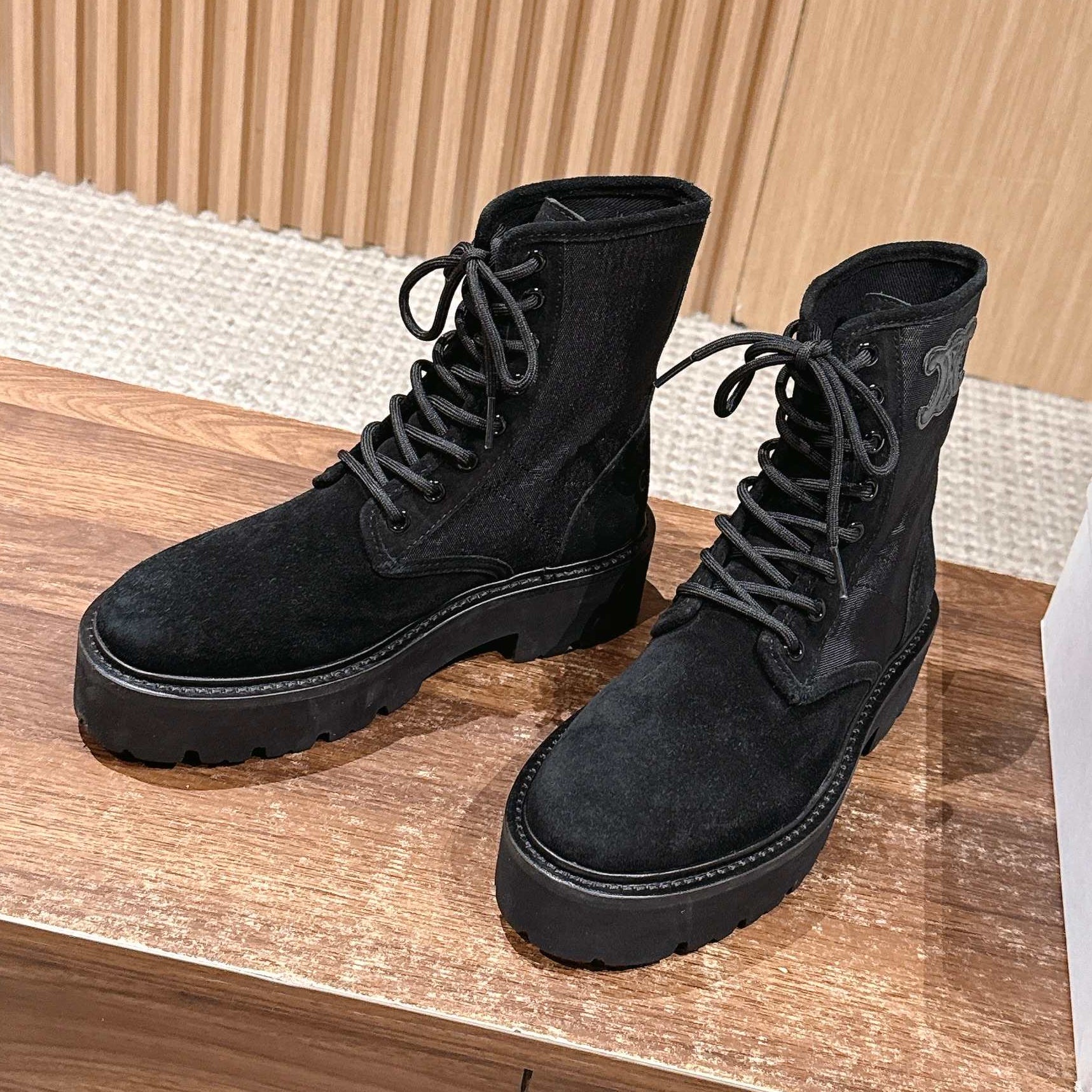 Celine 25 Bulky Lace-up Boot Black Suede 554011