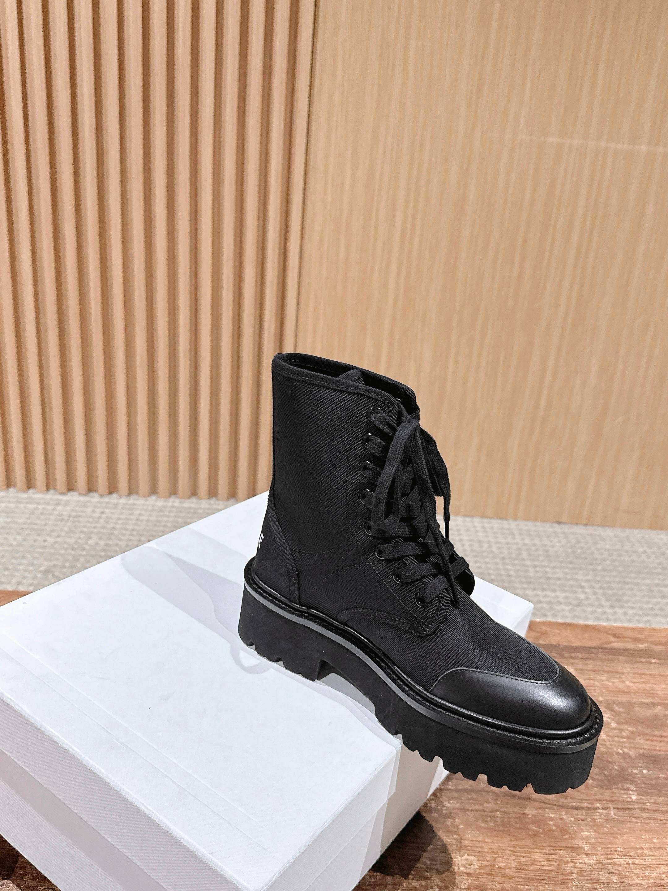 Celine 25 Bulky Lace-up Boot Black Canvas Calfskin 554013