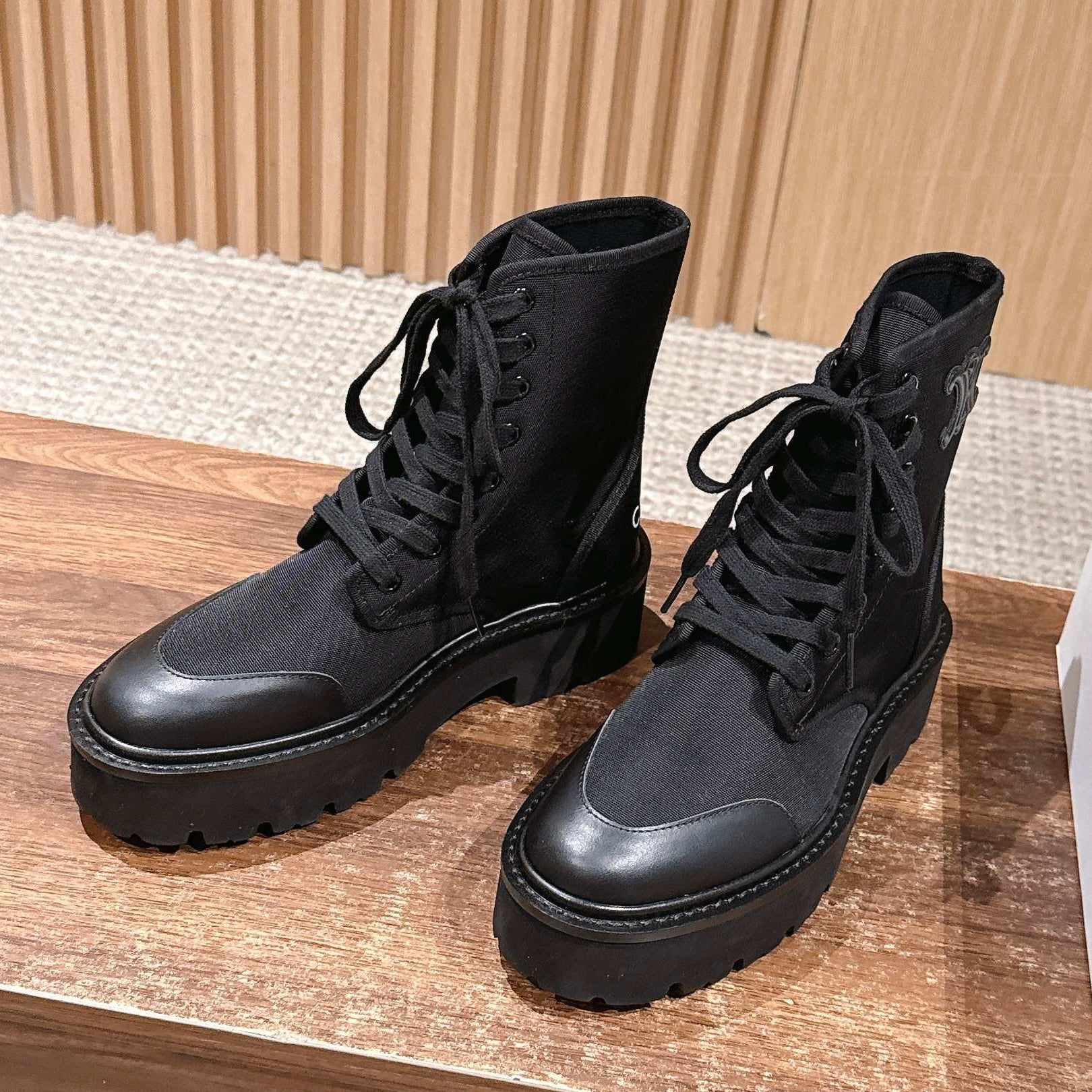 Celine 25 Bulky Lace-up Boot Black Canvas Calfskin 554013