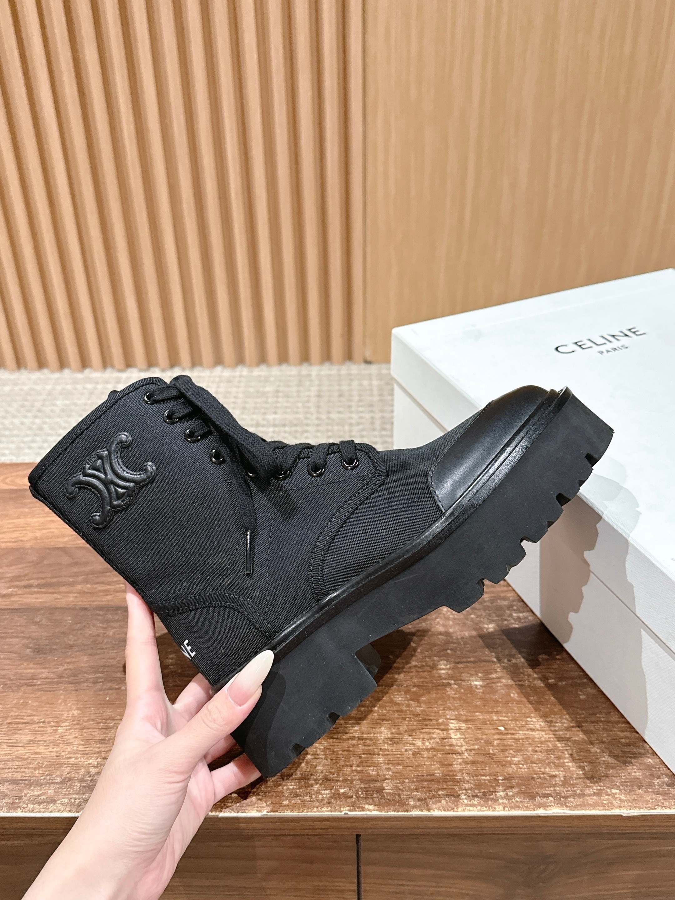 Celine 25 Bulky Lace-up Boot Black Canvas Calfskin 554013