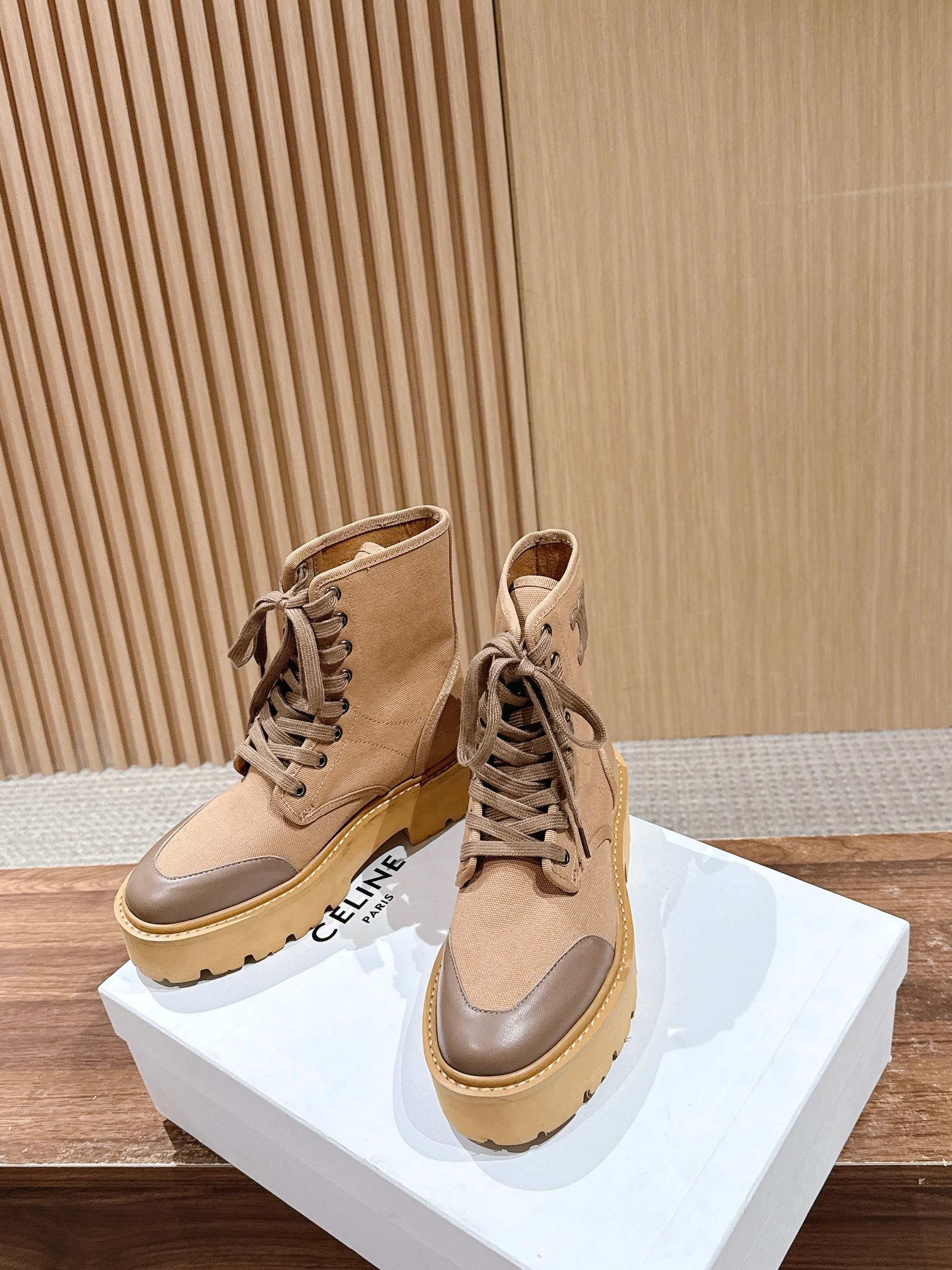 Celine 25 Bulky Lace-up Boot Tan Canvas Calfskin 554014