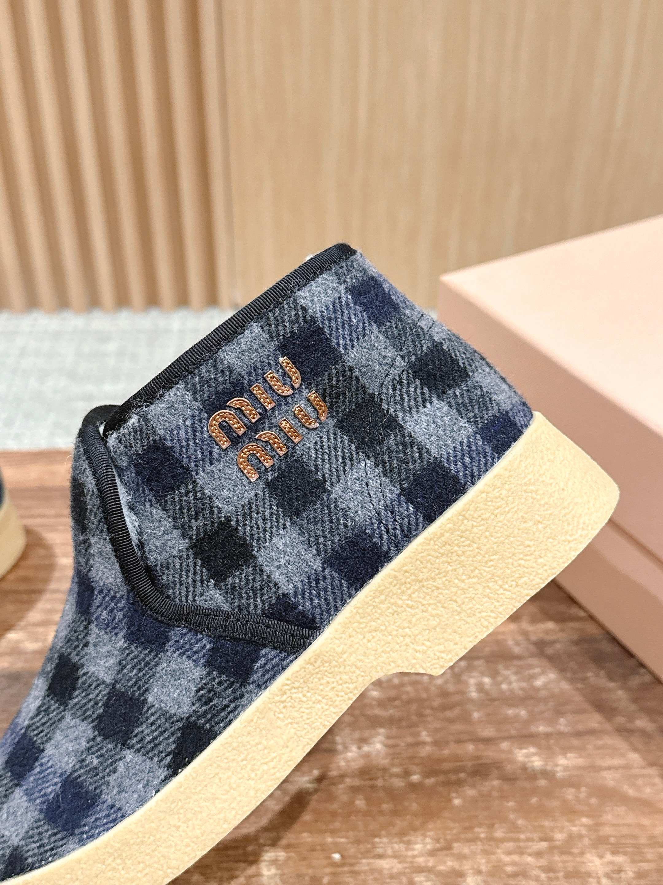 Miumiu 25 Plaid Slip-on Boot Blue Mix White Suede Wool 553703