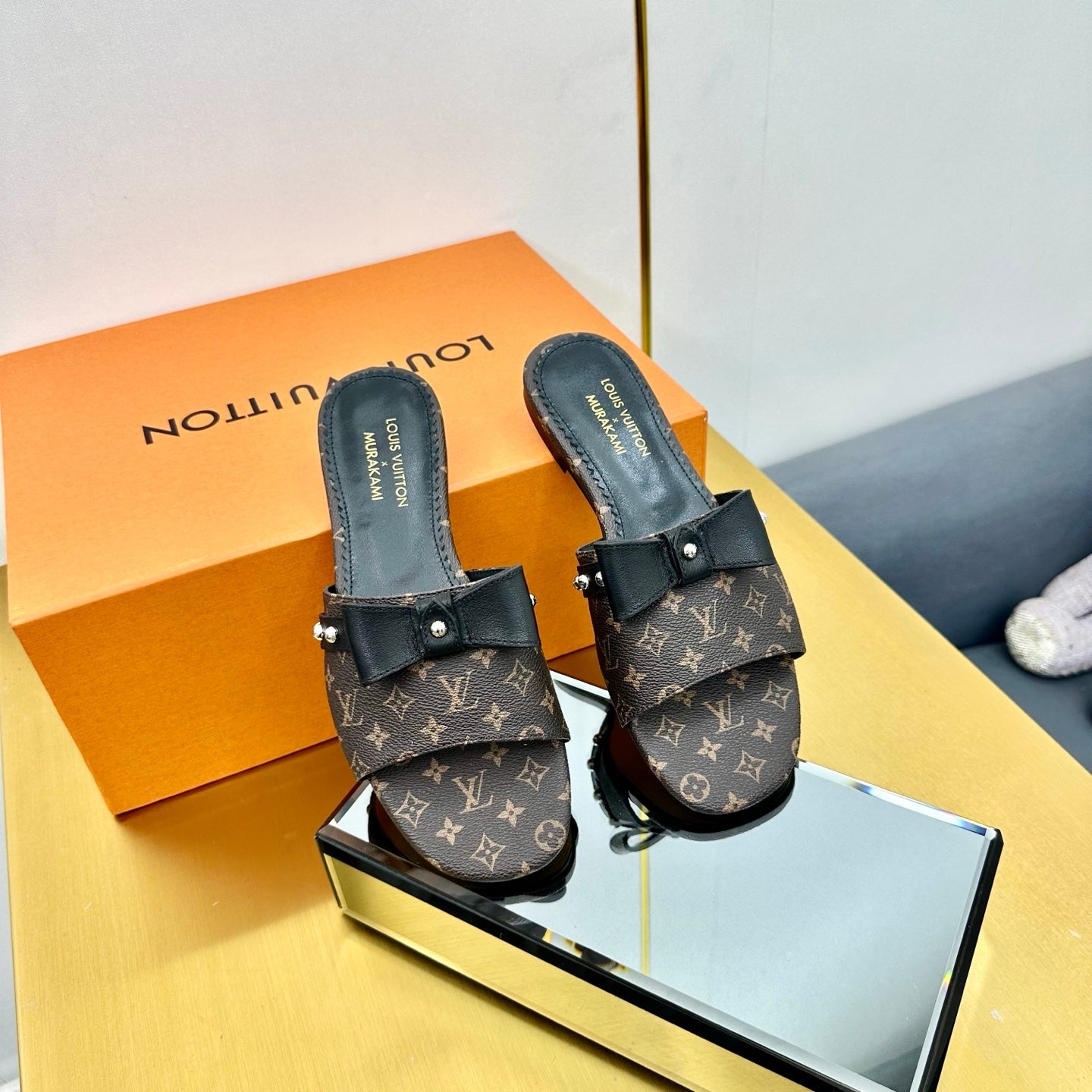 LV 25C LV x TM 6AM Flat Mule Black Bow Mocha Brown with Monogram Multicolore Leather 219951