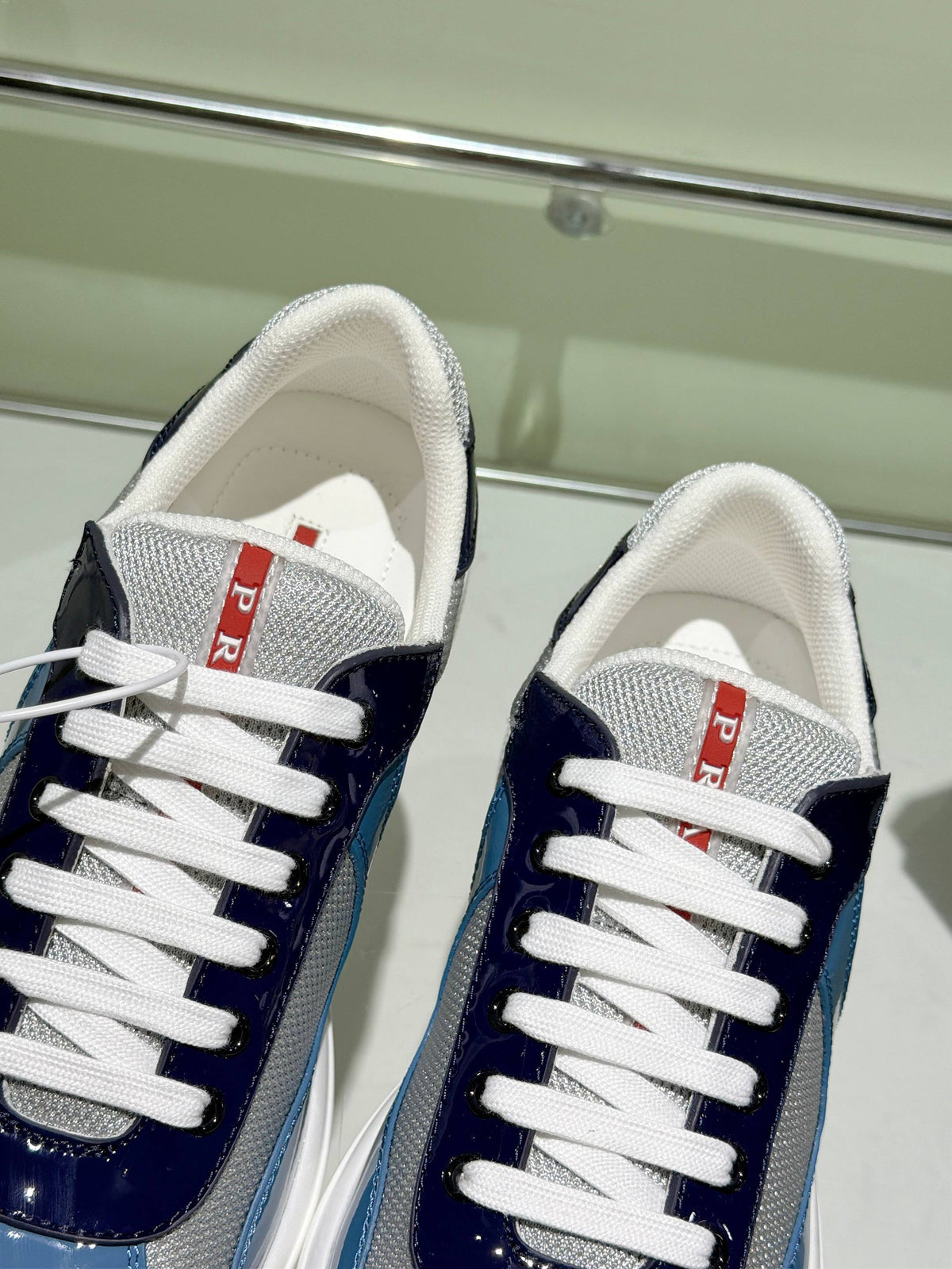 Prada 2026 America's Cup Sneaker Blue Gray Patent Leather And Mesh 951640