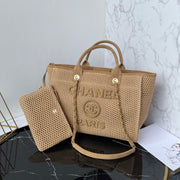 CC 25 Deauville Tote Bag 34cm Beige Crochet Suede