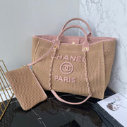 CC 25 Deauville Tote Bag 38cm Beige Pink Crochet Suede