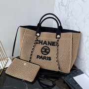 CC 25 Deauville Tote Bag 38cm Beige Black Crochet Suede
