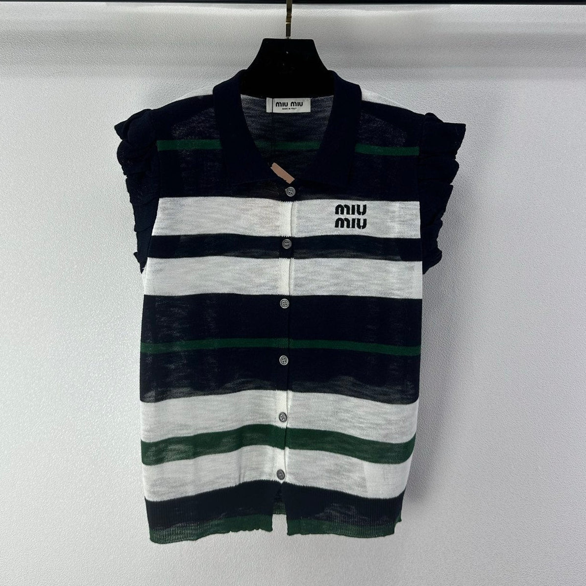 Miumiu 2026 Striped Polo Shirt Navy Blue Cotton 395629