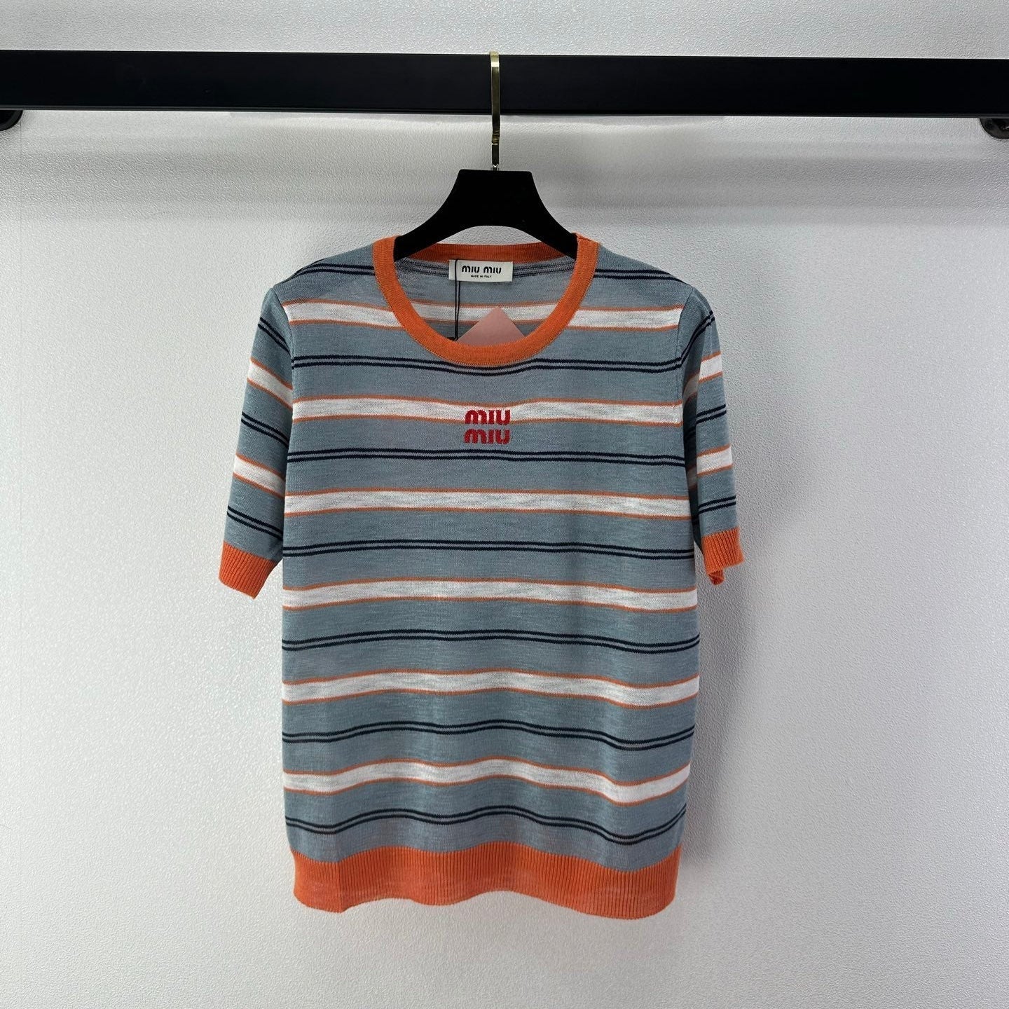 Miumiu 2026 Striped Knit Short-sleeved Top Blue-Grey mix Orange Cotton 395632