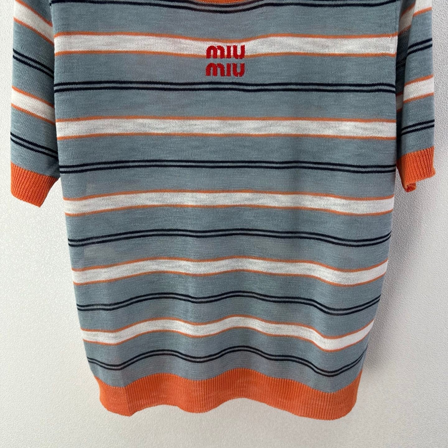 Miumiu 2026 Striped Knit Short-sleeved Top Blue-Grey mix Orange Cotton 395632