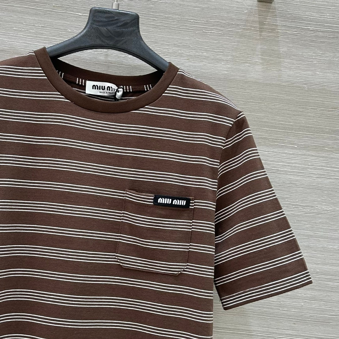 Miu Miu 25 Striped Round Neck Short-sleeved T-shirt Brown Cotton