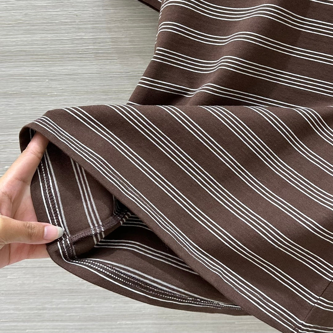 Miu Miu 25 Striped Round Neck Short-sleeved T-shirt Brown Cotton