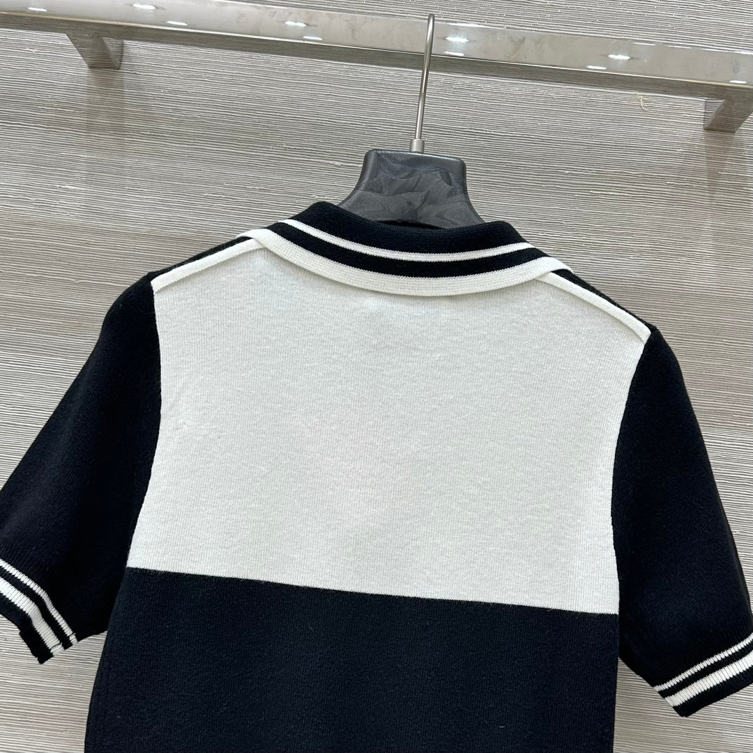 Miu Miu 25 Polo Collar Short-sleeved Top Black White  Tencel