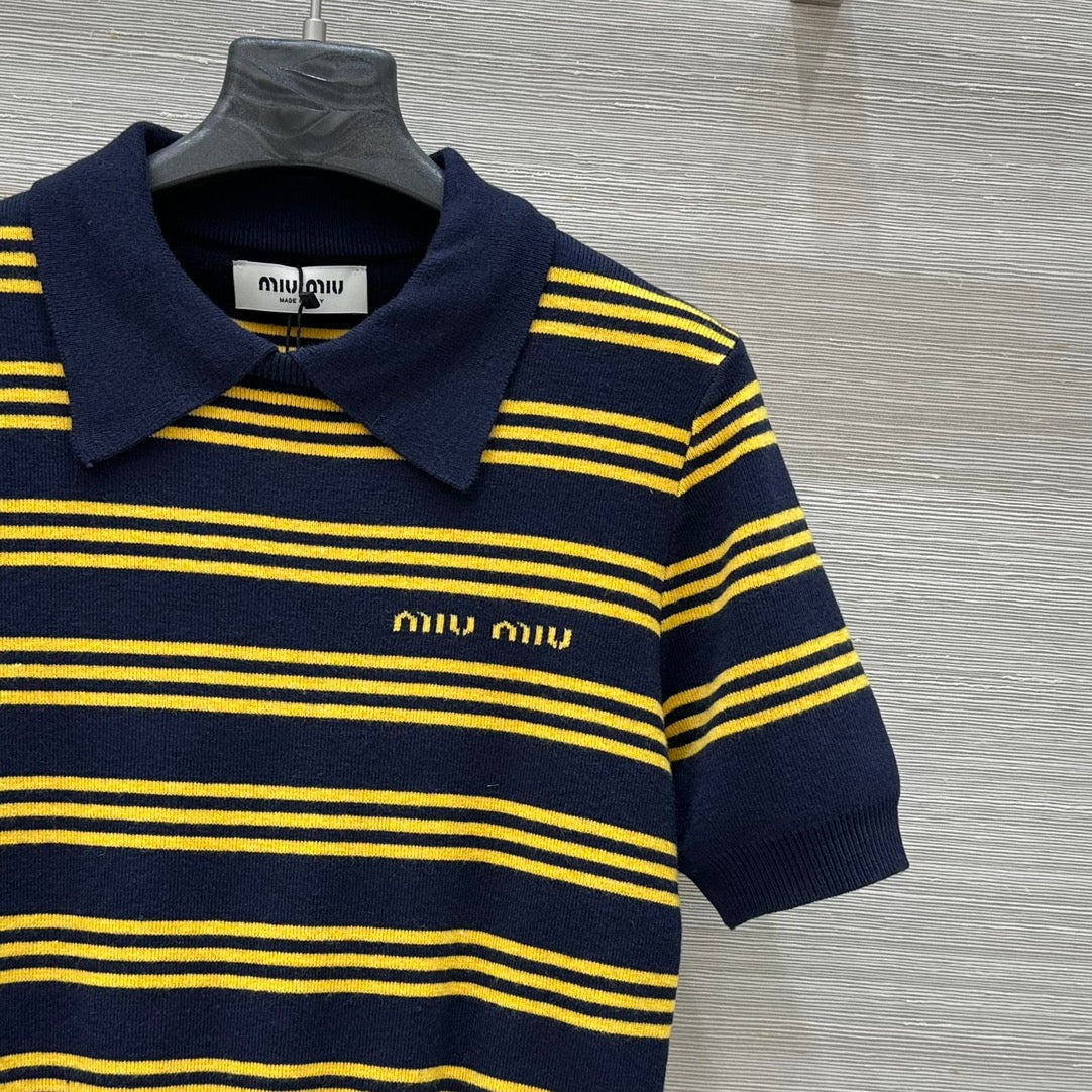 Miu Miu 25 Striped Polo Top Dark Blue Yellow Wool