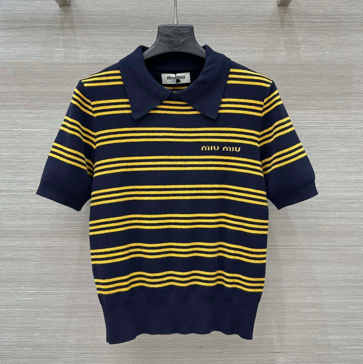 Miu Miu 25 Striped Polo Top Dark Blue Yellow Wool