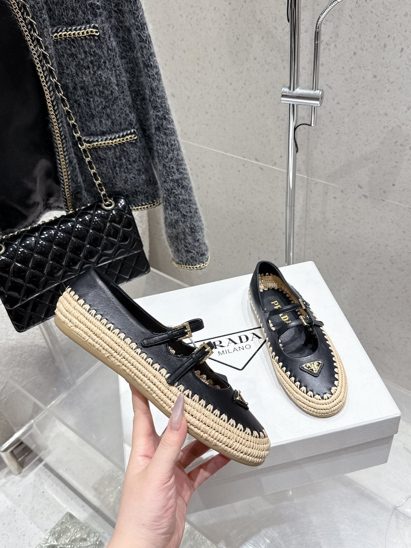 Pra 2025 Ballet Flat Black Beige Cowhide Woven 554289