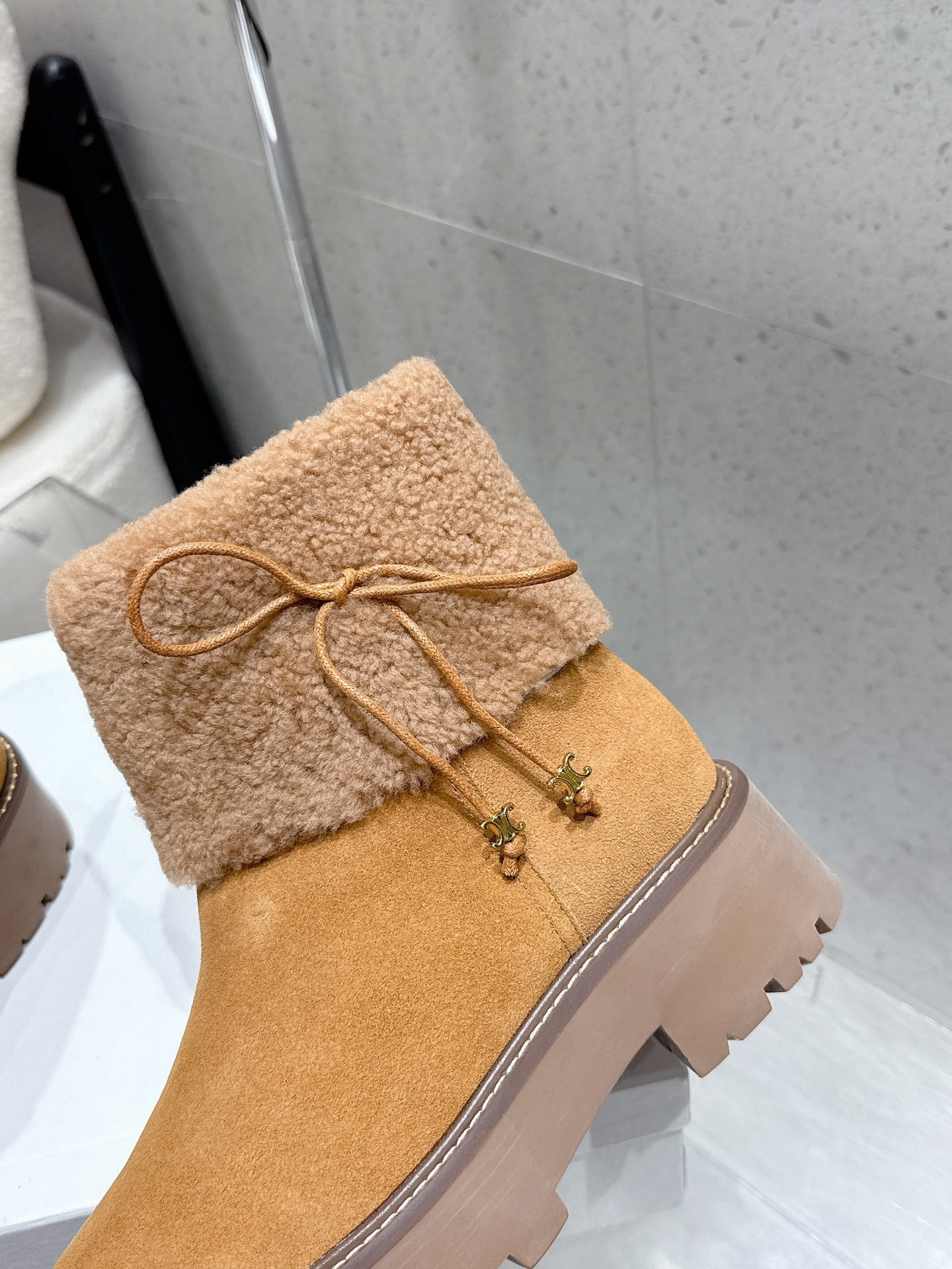 Celine 25 Fur-lined Ankle Boot Tan Suede Wool 554185