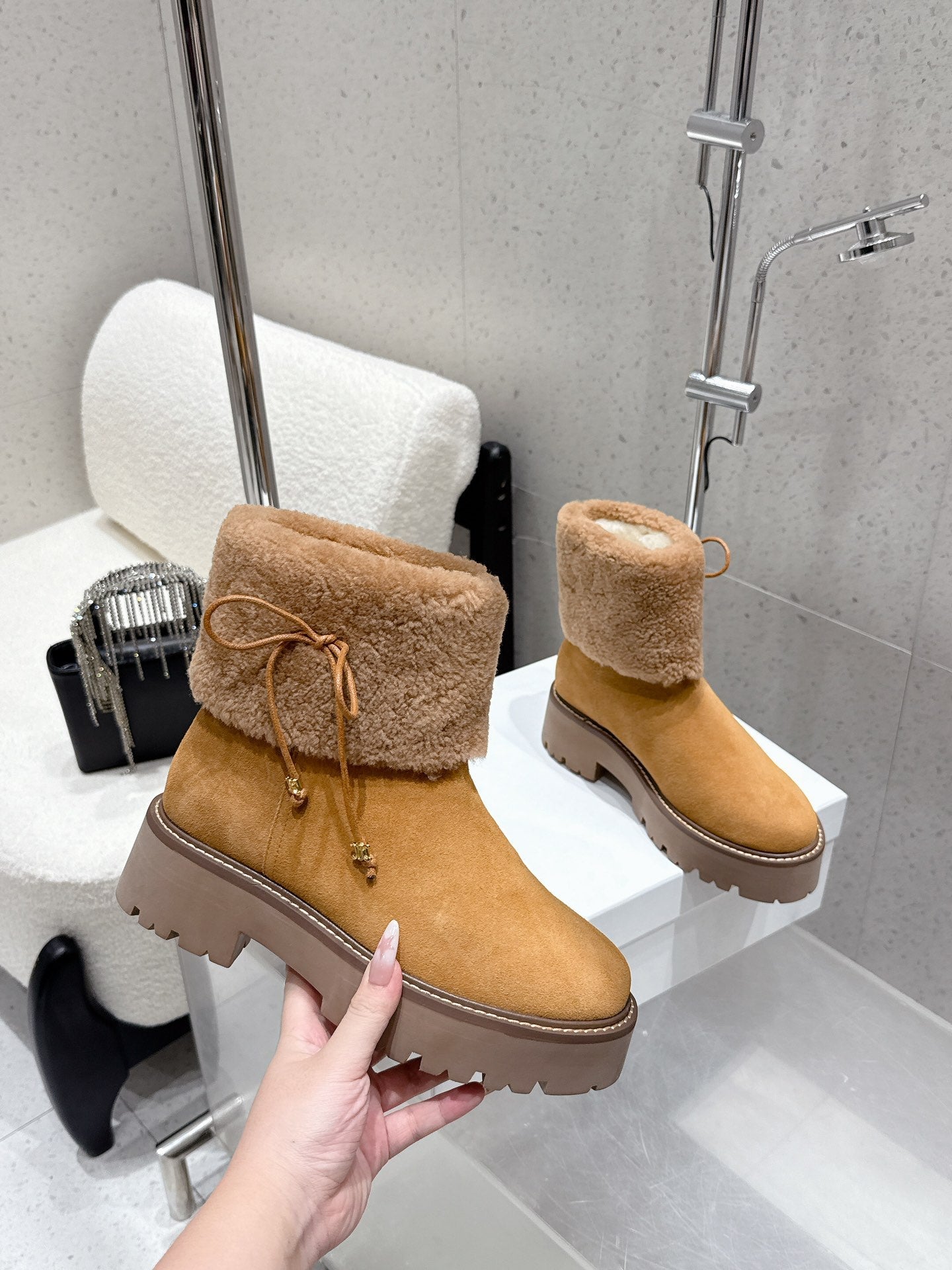 Celine 25 Fur-lined Ankle Boot Tan Suede Wool 554185