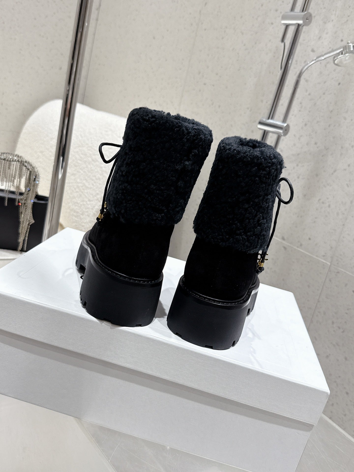 Celine 25 Fur-lined Ankle Boot Black Suede Wool 554186