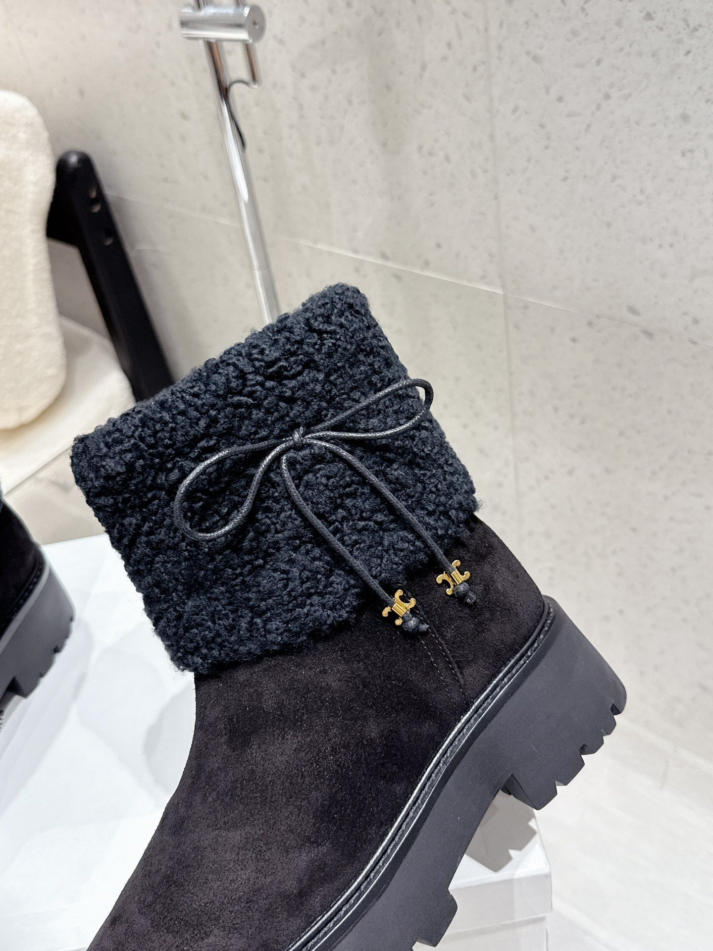 Celine 25 Fur-lined Ankle Boot Black Suede Wool 554186