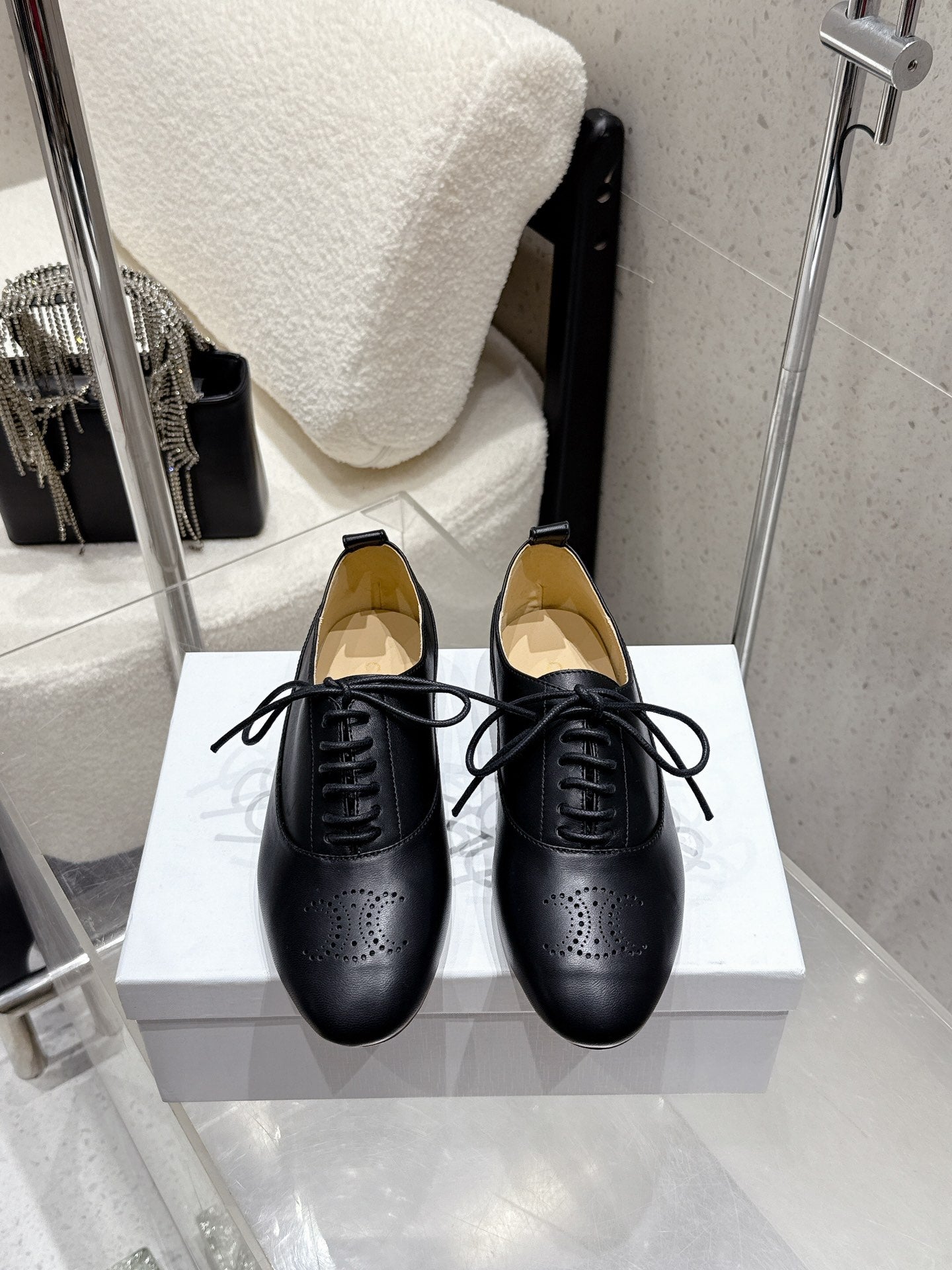 Celine 25 Lise Perforated Triomphe Richelieu Shoe Black Lambskin 554195