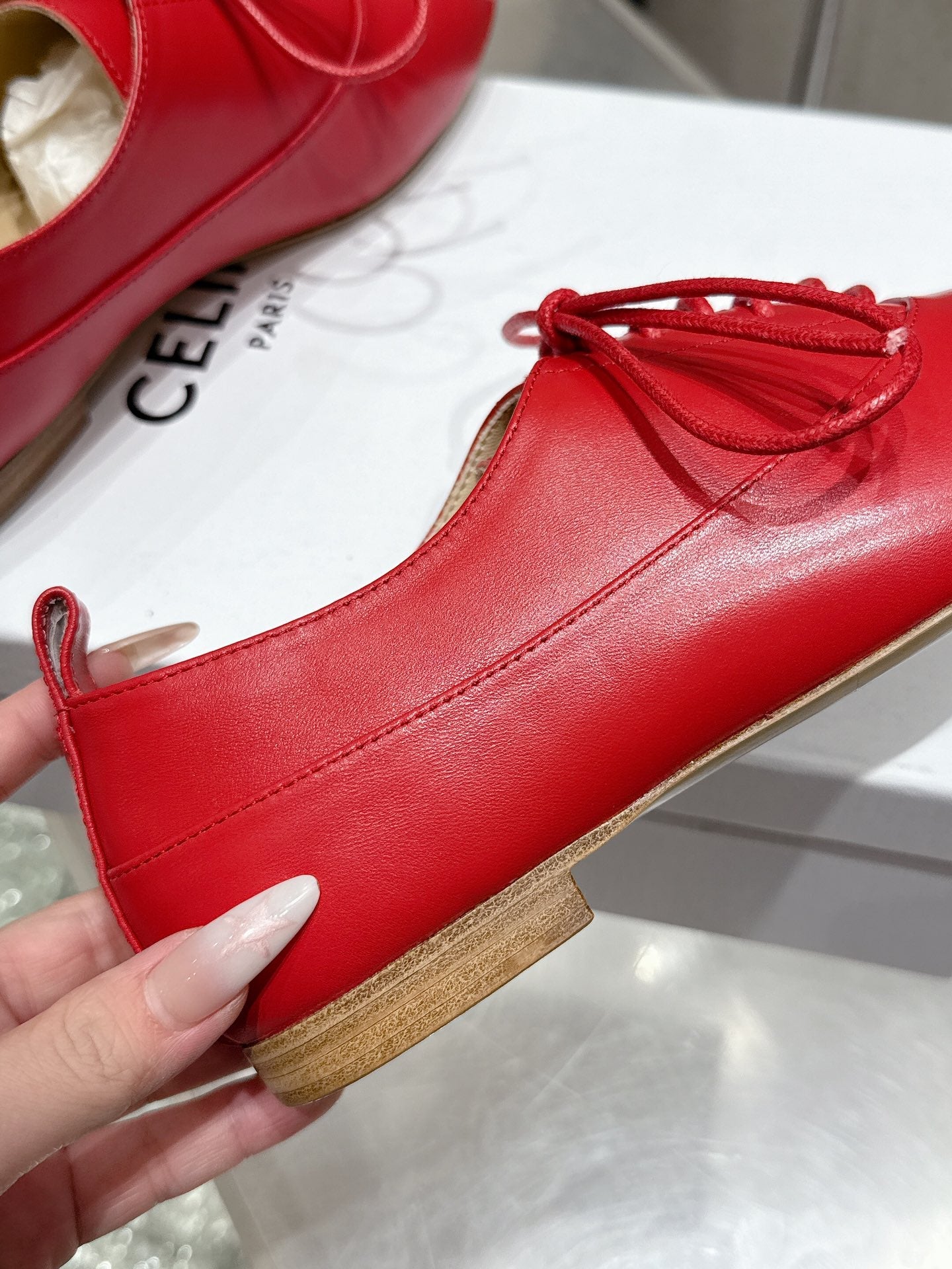 Celine 25 Lise Perforated Triomphe Richelieu Shoe Red Lambskin 554197