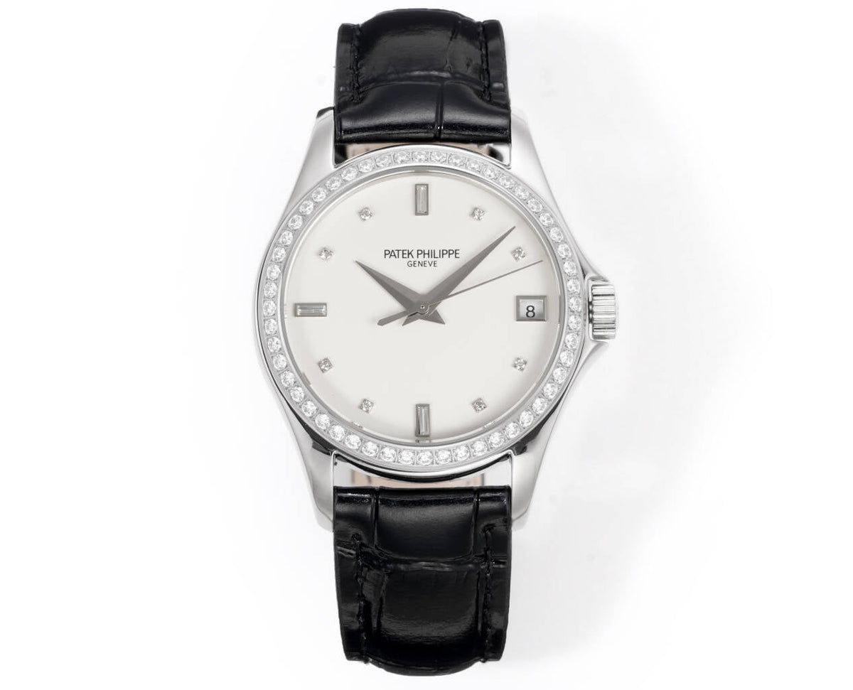 Patek Philippe Calatrava 37mm White Dial Black Leather Strap Watch