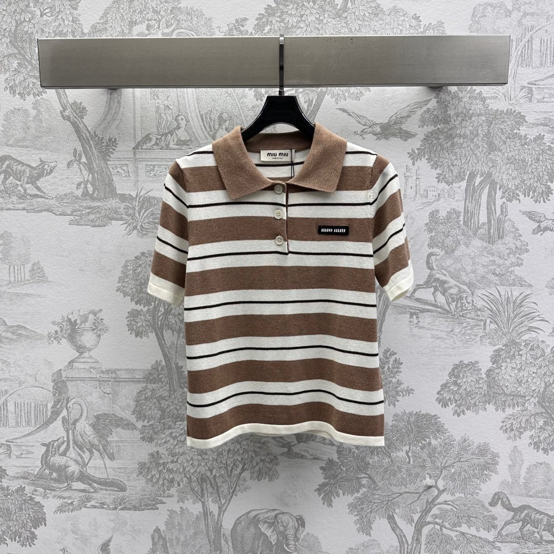 Miu 25 Polo T-Shirt Brown mix Beige Virgin Wool 233466