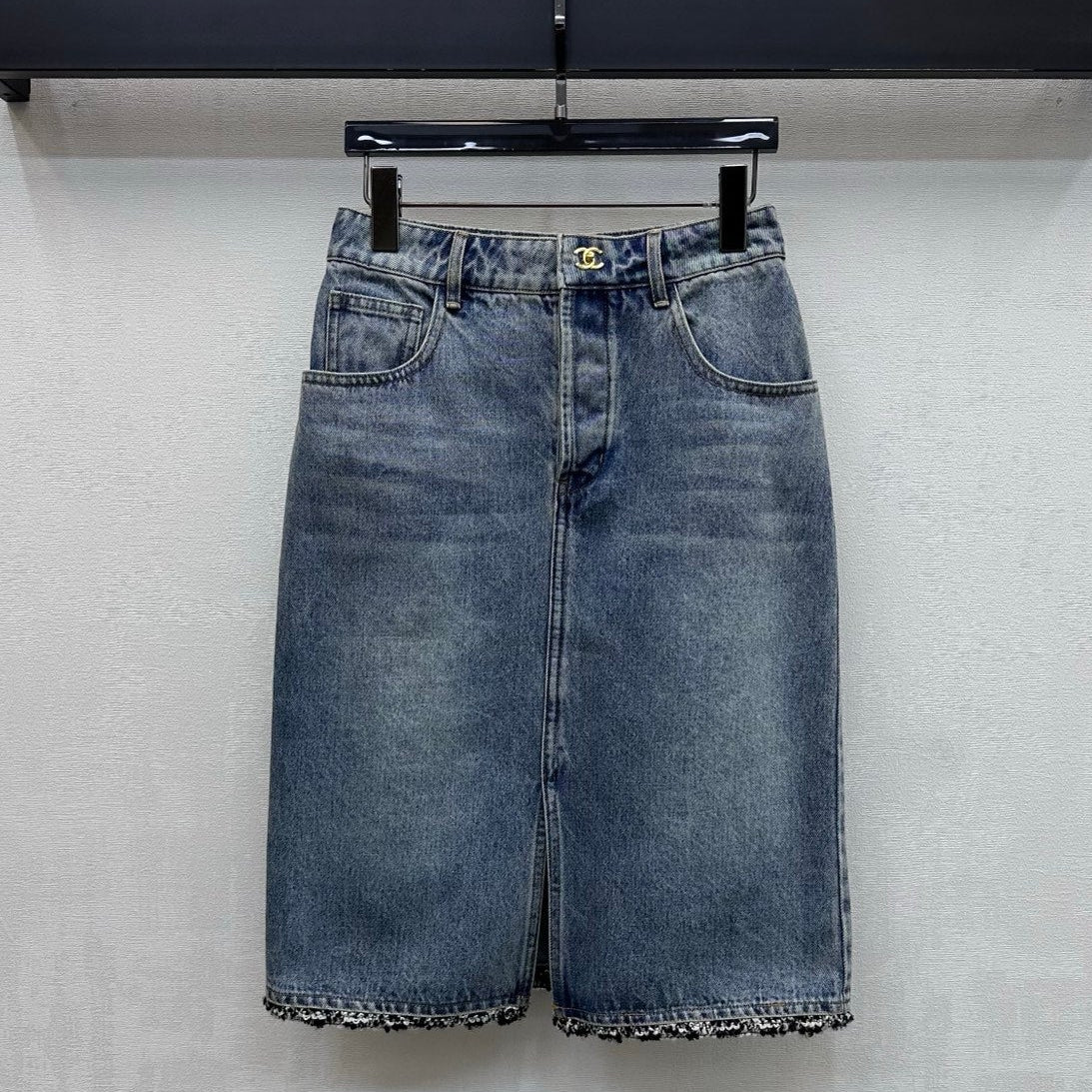 Chanel 2026 Patchwork Denim Midi Skirt Blue Cotton 363947