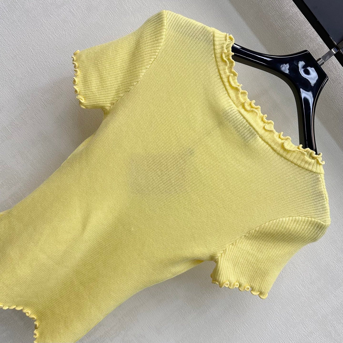 Miumiu 2026 Ruffled Short-Sleeve Knit Top Yellow Wool 447791